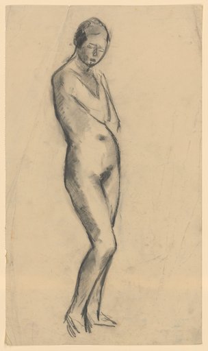 Standing female nude with right hand on left shoulder