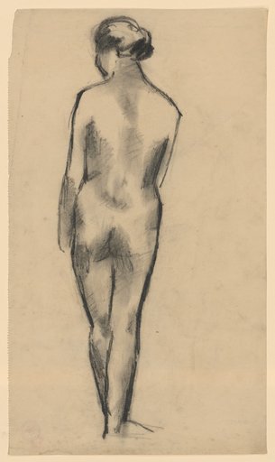 Standing female nude from the back in lost profile to the left