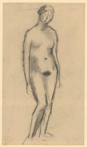Standing female nude with right leg crossed and hanging arms