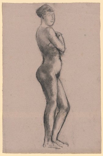 Standing female nude, right arm across the chest, facing right