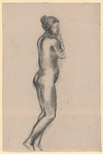 Leaning standing female nude facing right