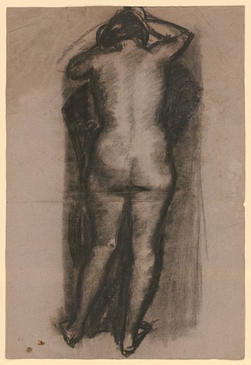 Standing female nude from the back, hands grasping the head