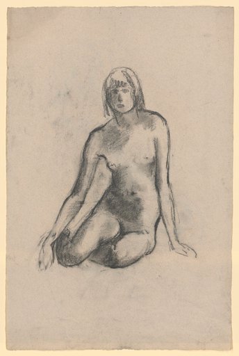 Crouching seated nude of a young girl from the front