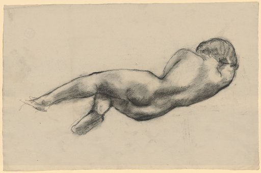 Reclining female nude from the back, head resting on the right arm