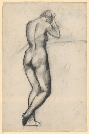 Standing female nude from the back, right hand placed on the head