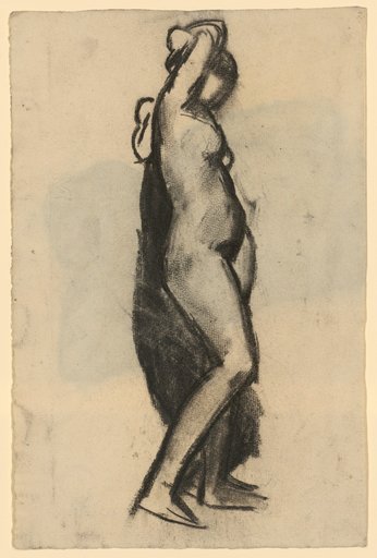 Standing female nude with right arm over the head