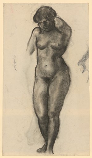 Standing female nude with left hand in the nape of the neck