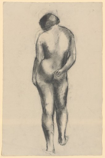 Standing female nude in rear view, right hand on the buttocks