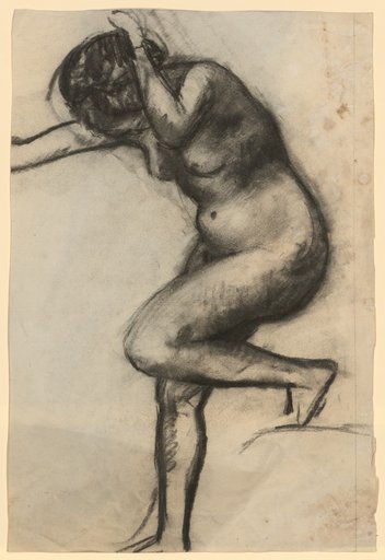 Standing female nude bending forward, left foot supported