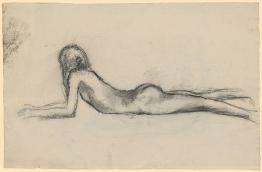 Reclining nude of a girl, supported on forearms