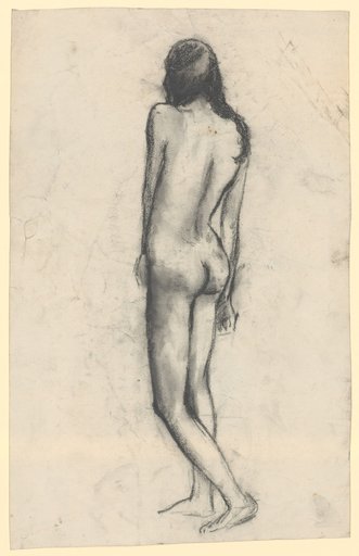 Nude of a standing young girl from the back facing left