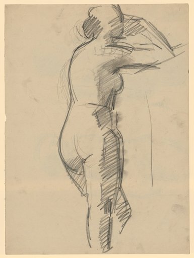 Leaning standing female nude from the back, supported on right elbow