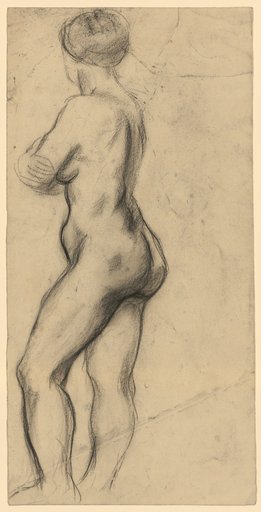 Standing female nude with crossed arms in rear view