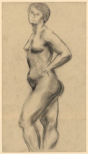 Standing female nude, hands on hips, knee-length view