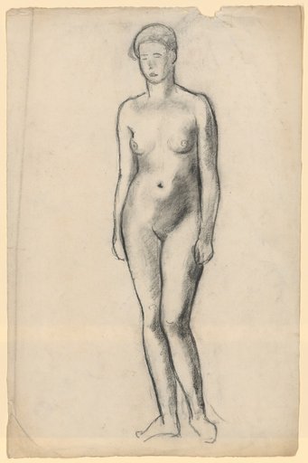 Standing female nude with hanging arms and left leg bent