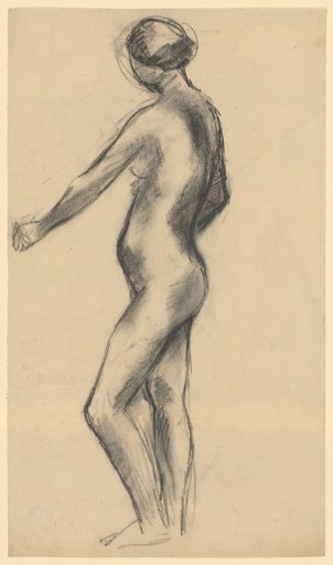 Standing female nude with left arm extended, side view