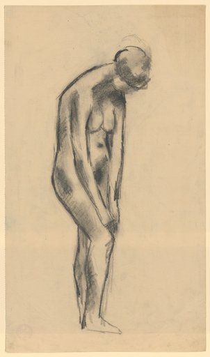Standing female nude with hands on right bent leg, facing right