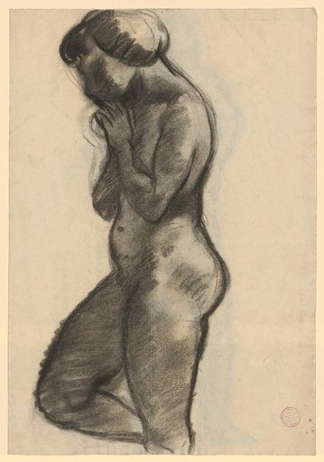 Female nude with hands folded under chin and right leg drawn up