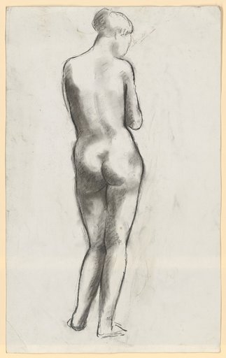 Standing female nude, back view, looking down to the right