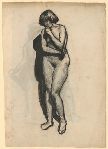 Standing female nude, left hand raised to chin, right arm across the abdomen