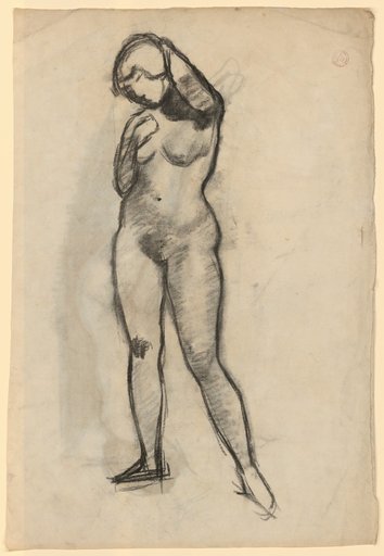 Standing female nude with right hand over the breast and left hand behind the head