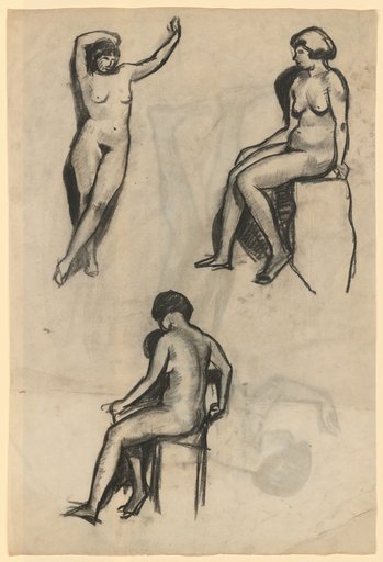 Three female nudes, one standing, the others seated