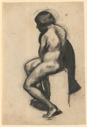 Seated girl nude, half back view, facing left against dark shadow