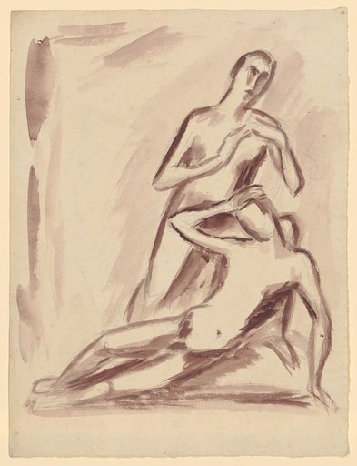 Standing figure holding hands over a reclining figure
