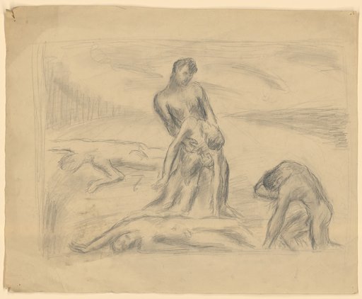 Composition sketch with a rescuer and four shipwrecked persons