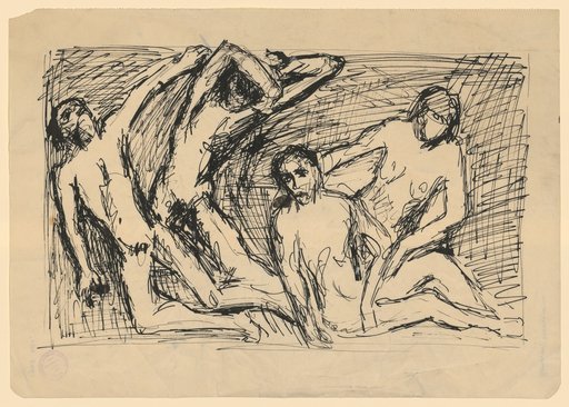Three wounded, naked youths and a woman