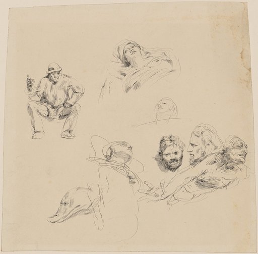 Study Sheet with a Seated Man, Three Head Studies, Three Figure Sketches, and an Animal Head Study