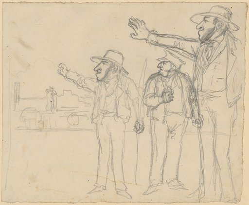 Three Standing Men Turned to the Left with a Repelling Gesture in Front of a Train Moving to the Left. One Figure is Varied in a Smaller and Larger Version.