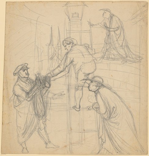 Study for a Lithograph: Lucerna, the First Street Lighting in Lucerne, Which a Jesuit Attempts to Blow Out with Puffed Cheeks. Four-Figure Group