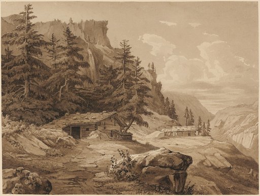 Swiss Mountain Landscape with Three Log Cabins