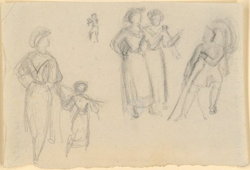 Group of six figures, including three women in costume and a warrior