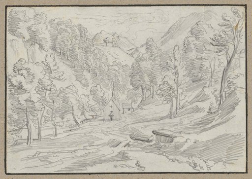 Chapel on a path in a wooded valley