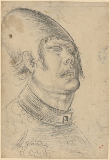 Man's head looking upward in foreshortening (Scherge from a Passion scene?)