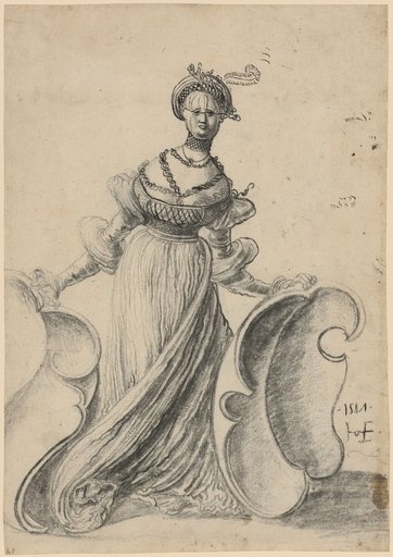 Female heraldic supporter with two empty shields