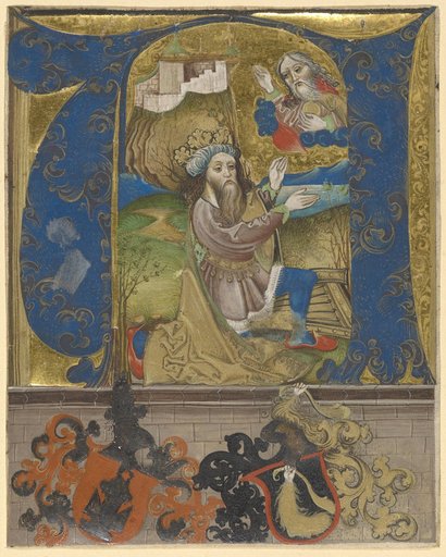 King David with a Harp in a Landscape. Initial N from an Antiphonary, Below the Coats of Arms of Offenburg and Rüsch