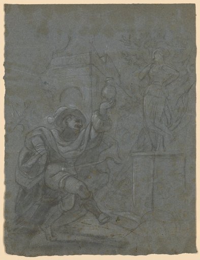 Dancing Drinker with Raised Cup, Before a Female Statue