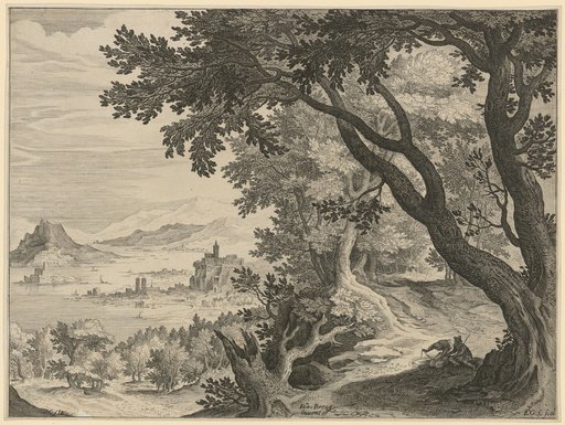 Town and Forest Landscape with Two Hikers by a River