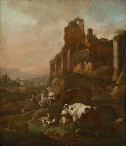 Shepherdess and Flock Among Ancient Ruins