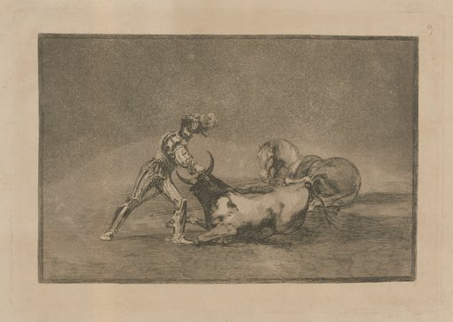 A Spanish gentleman kills a bull after losing his horse