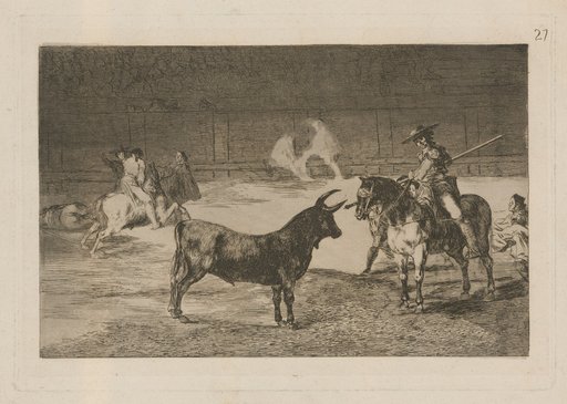 The celebrated Fernando del Toro, barilarguero, forcing the beast with his garrocha