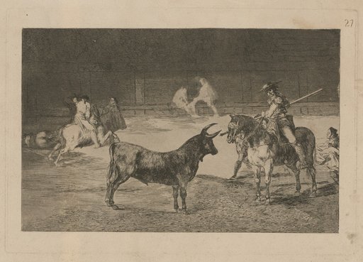The celebrated Fernando del Toro, barilarguero, forcing the beast with his garrocha