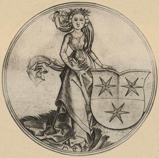 Coat of Arms with Three Stars, Held by a Lady