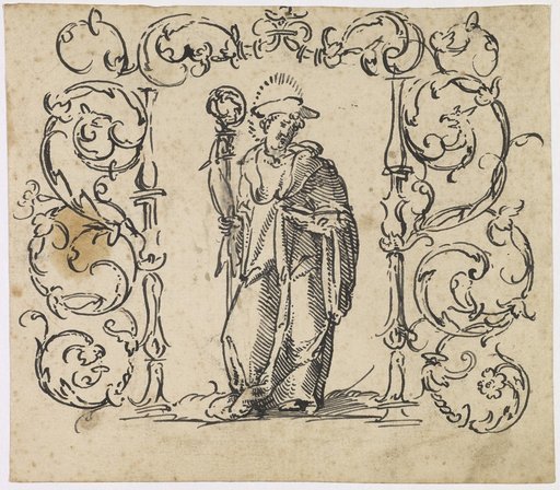 Abbot Surrounded by Two Candelabras and Vines