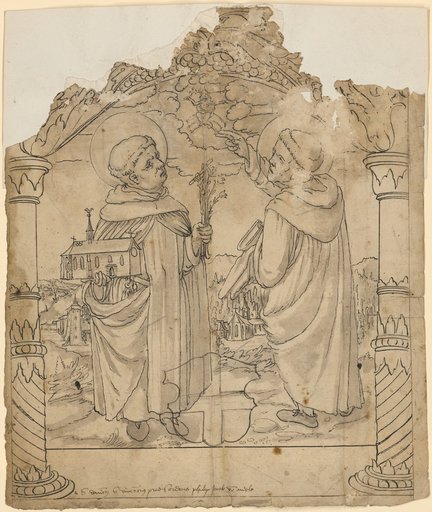 Stained-Glass Design with St. Dominic in Conversation with St. Vincent, with the Coat of Arms of Andlau Before Them