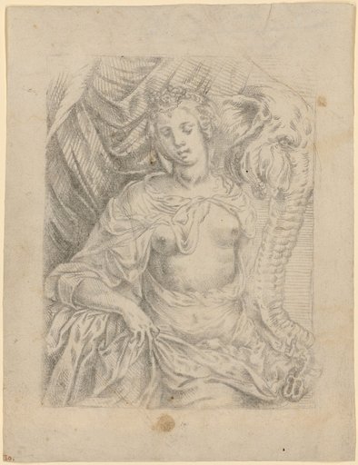 Allegorical Female Figure with Exposed Breast Before a Curtain, with an Elephant's Head Peering Out