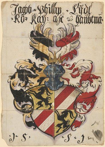 Quartered Coat of Arms with Ibex and Red-White Diagonal Stripes, Helm Ornaments with Crown and Wings